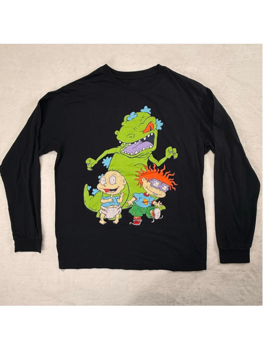 Men's Black Rugrats Reptar Chuckie Long Sleeve Tee Large